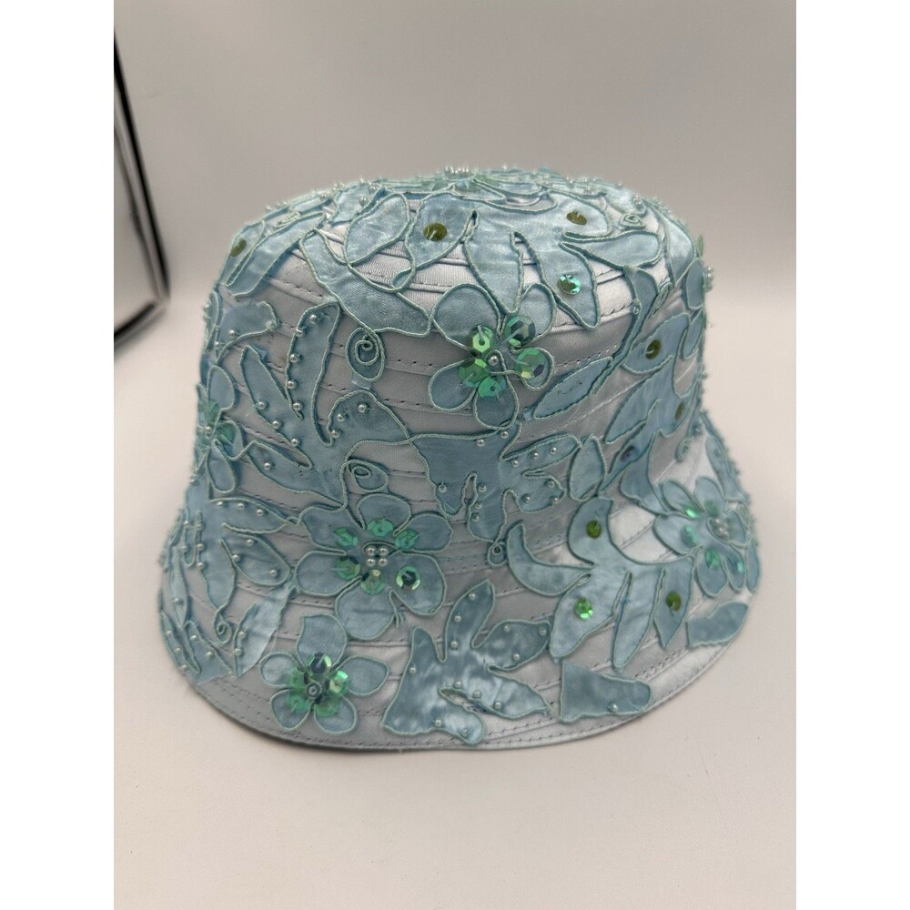 Vintage Finesse Y2K Blue Floral Beaded Bucket Hat Embroidered Sequin Pearl - Picture 3 of 9